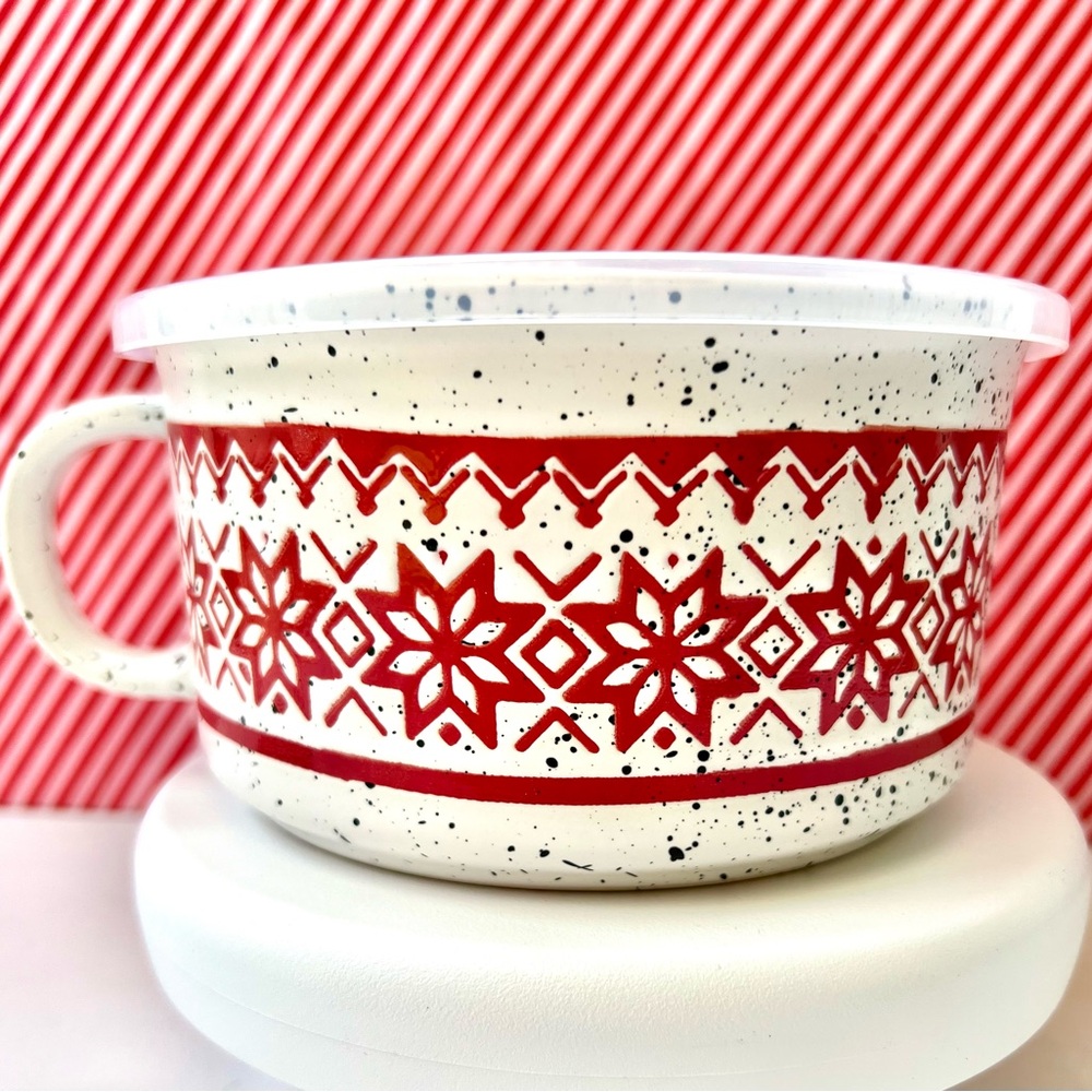 Red & White Snowflakes Stoneware Soup Mug Vent Lid With Handle Sweater Print - Picture 7 of 8